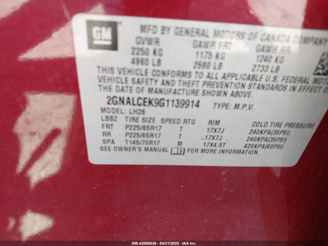 2GNALCEK9G1139914 Chevrolet EQUINOX LT