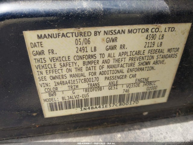 Продаж на аукціоні авто 2007 Nissan Maxima 3.5 Se, vin: 1N4BA41E57C800170, номер лоту: 42090617