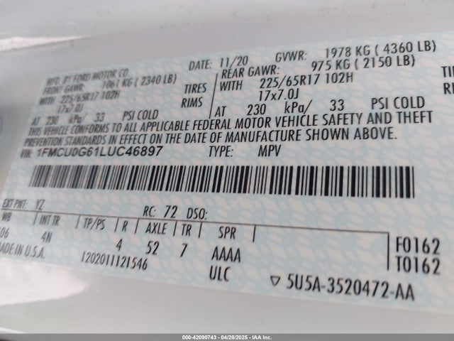 1FMCU0G61LUC46897 Ford ESCAPE SE
