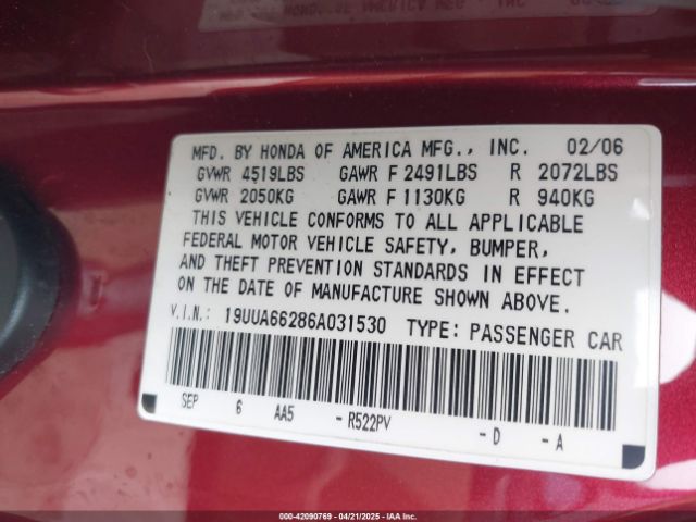 2006 ACURA TL 19UUA66286A031530 Photo 8