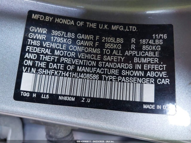 SHHFK7H41HU408586 Honda Civic Sport