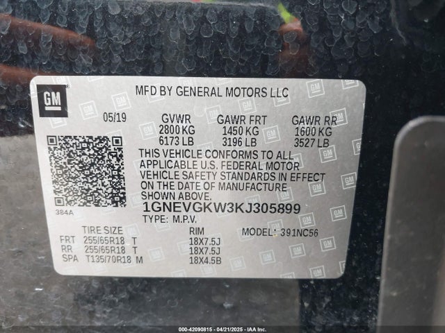 1GNEVGKW3KJ305899 Chevrolet Traverse 1lt