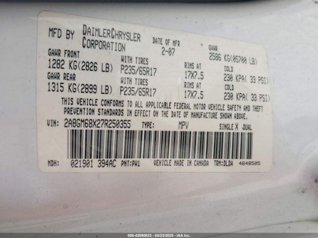2007 CHRYSLER PACIFICA 2A8GM68X27R250355 Photo 8