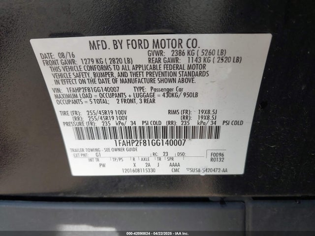 1FAHP2F81GG140007 Ford Taurus Limited