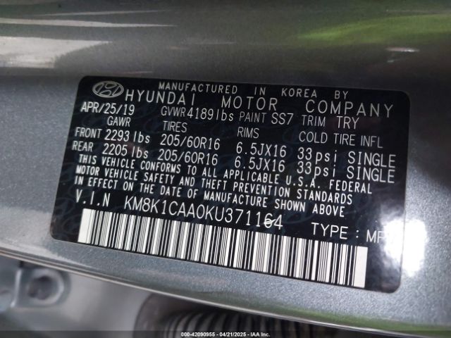 KM8K1CAA0KU371164 Hyundai Kona Se