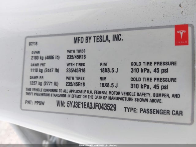 Aukcja sprzedaży 2018 Tesla Model 3 Long Range/mid Range, vin: 5YJ3E1EA3JF043529, numer aukcji: 42090957
