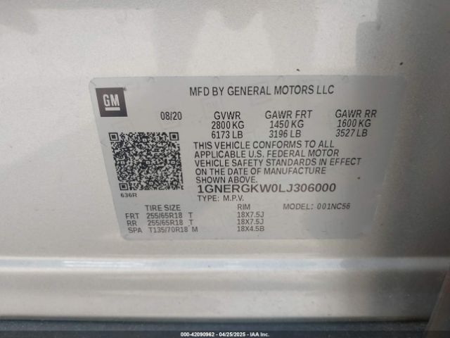 1GNERGKW0LJ306000 Chevrolet Traverse Fwd Lt Cloth