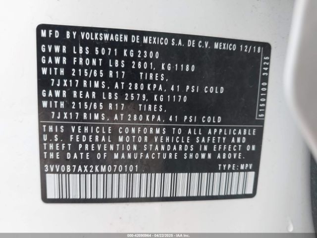 3VV0B7AX2KM070101 Volkswagen Tiguan 2.0t S