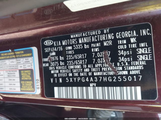 5XYPG4A37HG255017 KIA Sorento 2.4l Lx