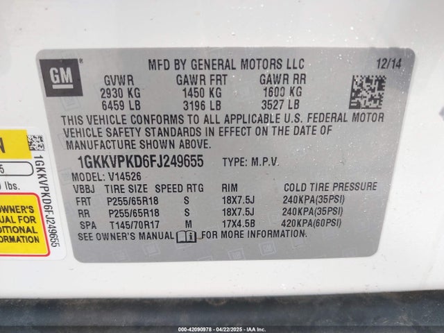 1GKKVPKD6FJ249655 GMC Acadia Sle-2