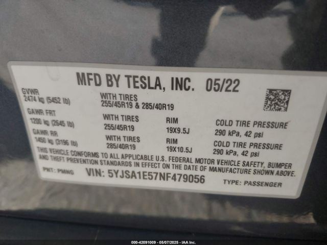 5YJSA1E57NF479056 Tesla Model S Dual Motor All-wheel Drive