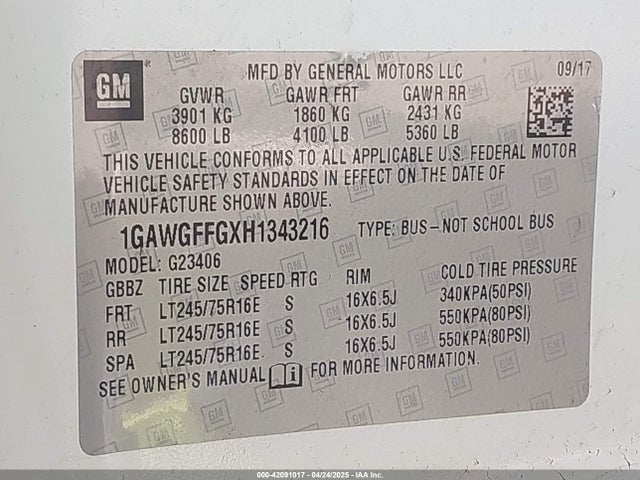 1GAWGFFGXH1343216 Chevrolet Express 2500 Lt