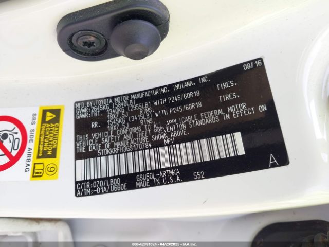 5TDKKRFH3GS170784 Toyota Highlander Xle V6