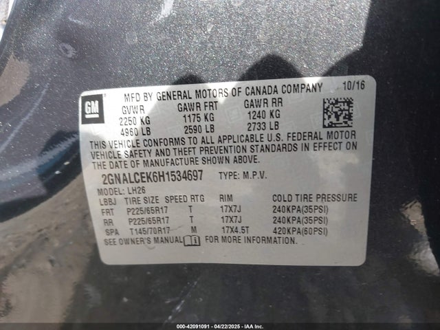 Chevrolet EQUINOX LT 2017 2GNALCEK6H1534697 Image 9