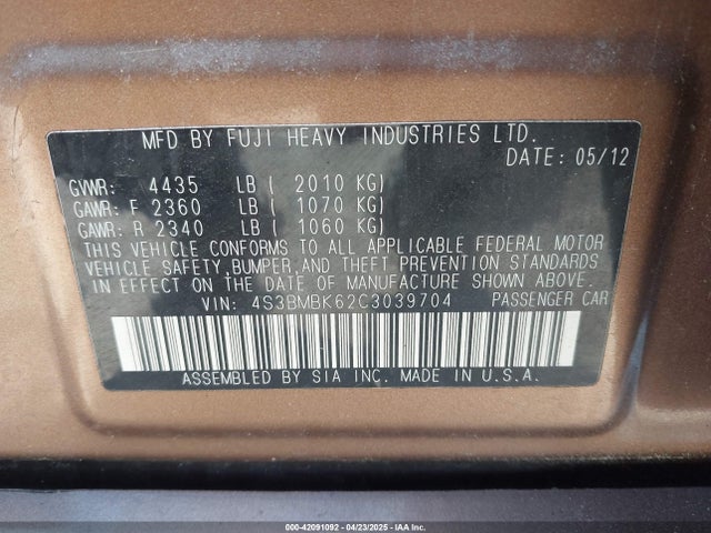 Aukcja sprzedaży 2012 Subaru Legacy 2.5i Limited, vin: 4S3BMBK62C3039704, numer aukcji: 42091092