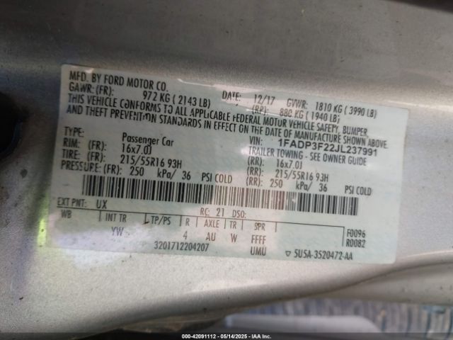 2018 FORD FOCUS 1FADP3F22JL237991 Photo 8