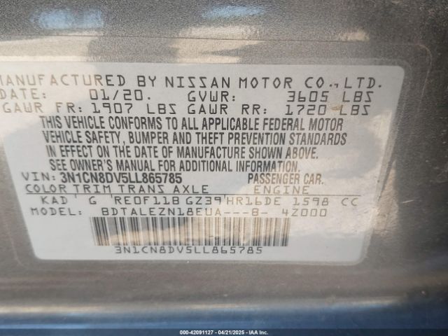 3N1CN8DV5LL865785 Nissan Versa S Xtronic Cvt