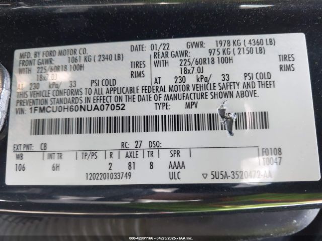 1FMCU0H60NUA07052 Ford ESCAPE SEL