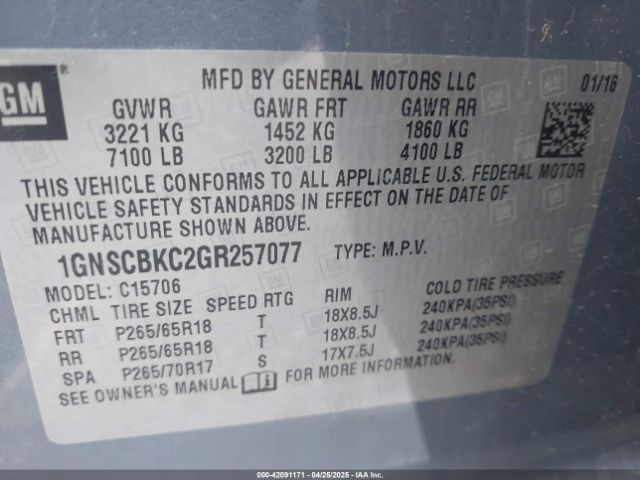 1GNSCBKC2GR257077 Chevrolet Tahoe Lt