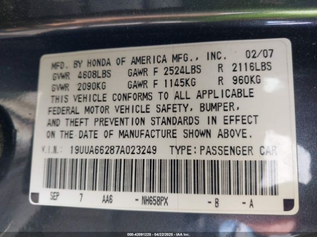 2007 ACURA TL 19UUA66287A023249 Photo 8