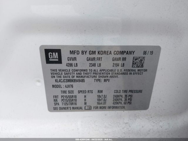 KL4CJCSM8KB949485 Buick Encore Fwd Essence