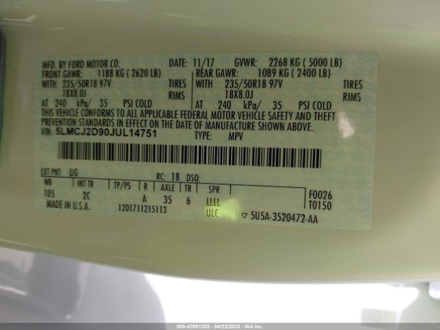 5LMCJ2D90JUL14751 Lincoln MKC SELECT