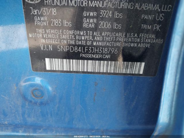 5NPD84LF3JH318796 Hyundai ELANTRA SEL
