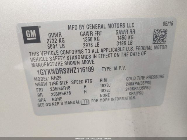 1GYKNDRS0HZ116189 Cadillac XT5 LUXURY