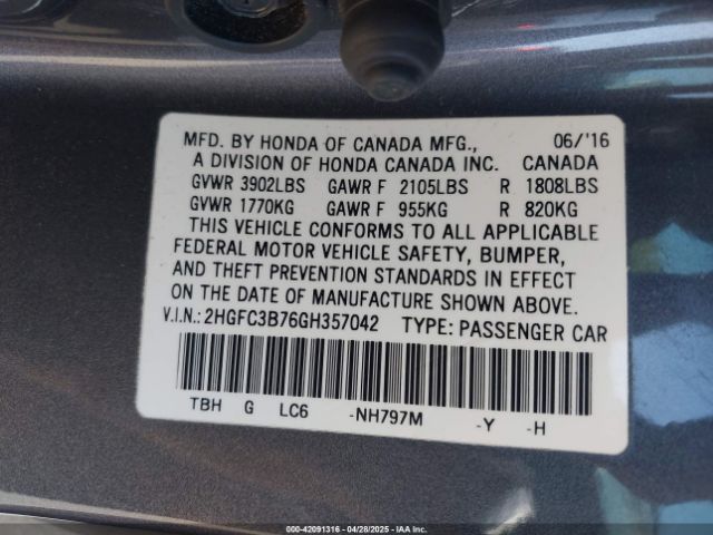 2HGFC3B76GH357042 Honda Civic Ex-l