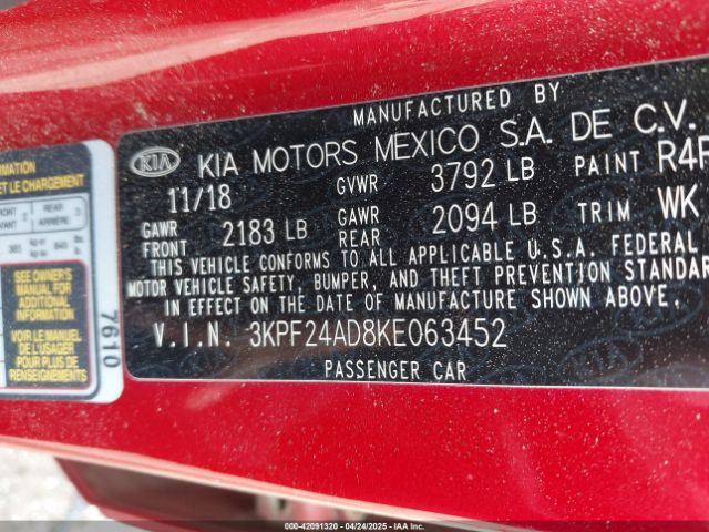 3KPF24AD8KE063452 KIA Forte Lxs