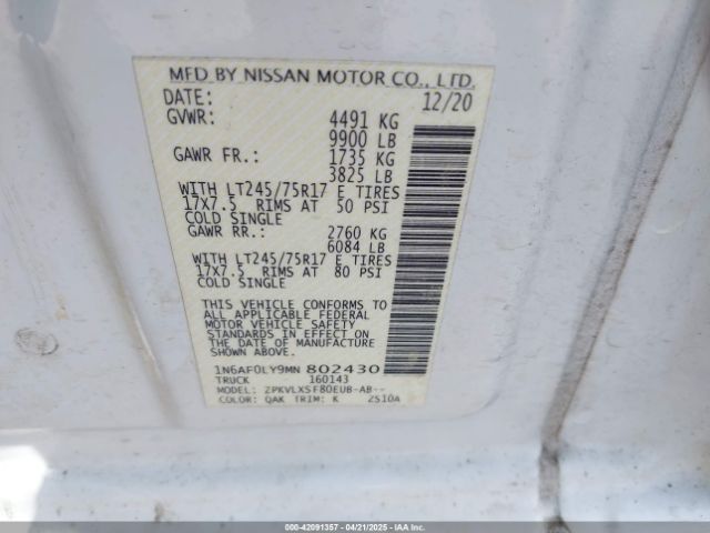 1N6AF0LY9MN802430 Nissan Nv Cargo Nv3500 Hd Sv High Roof V8