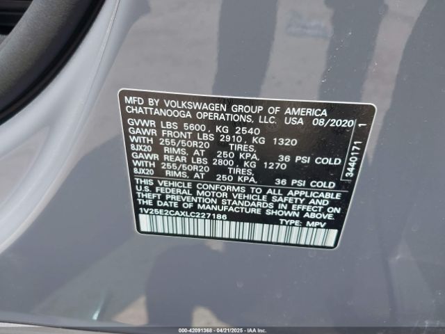 1V25E2CAXLC227186 Volkswagen Atlas Cross Sport 3.6l V6 Se W/technology/3.6l V6 Se W/technology R-line