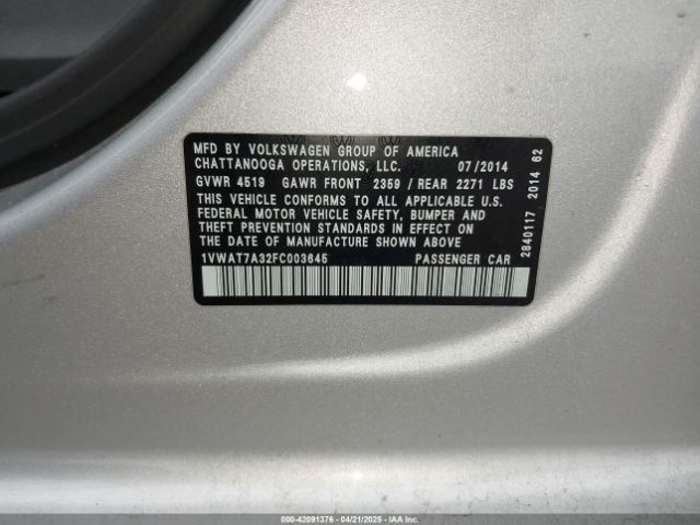 1VWAT7A32FC003645 Volkswagen Passat 1.8t Wolfsburg Edition