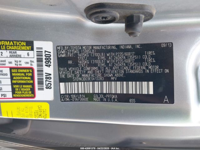 5TDYK3DC9ES413283 Toyota Sienna Xle V6 8 Passenger