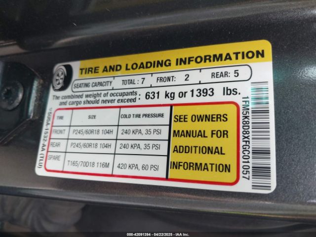 1FM5K8D8XFGC01057 Ford EXPLORER XLT