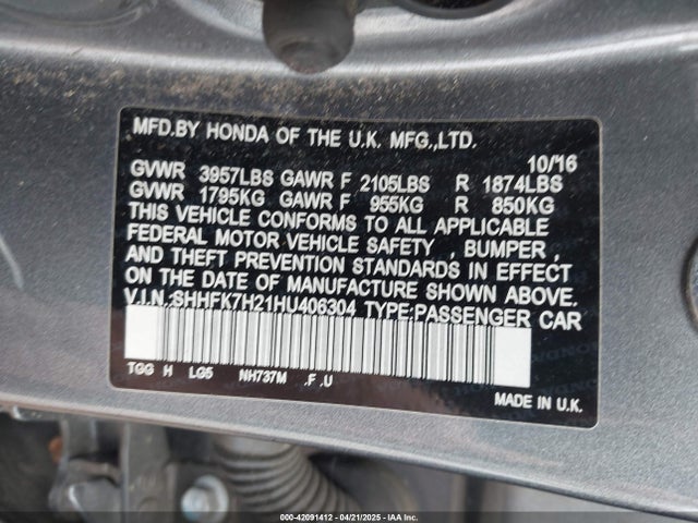SHHFK7H21HU406304 Honda Civic Lx