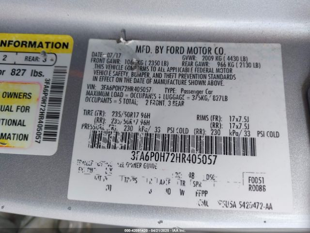 3FA6P0H72HR405057 Ford FUSION SE