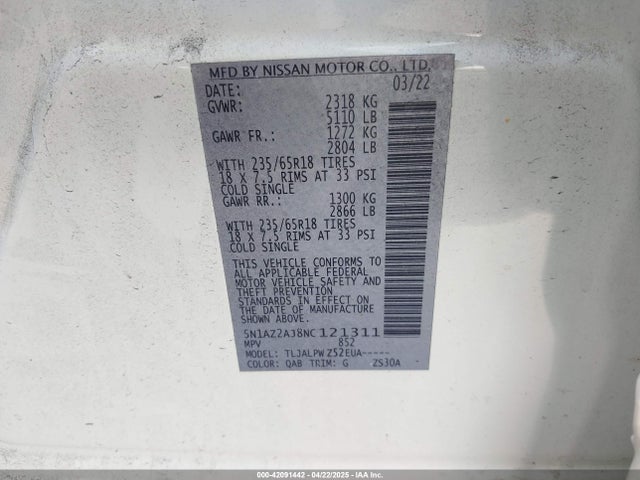 5N1AZ2AJ8NC121311 Nissan Murano S Fwd