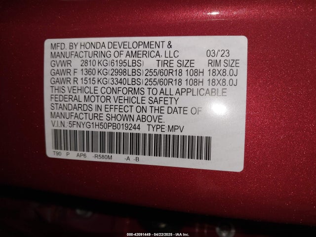 5FNYG1H50PB019244 Honda Pilot Awd Ex-l 7 Passenger