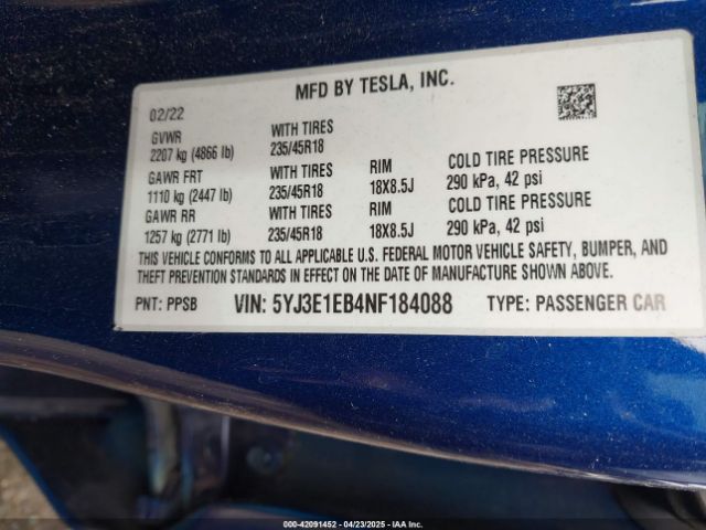 2022 TESLA MODEL 3 5YJ3E1EB4NF184088 Photo 8