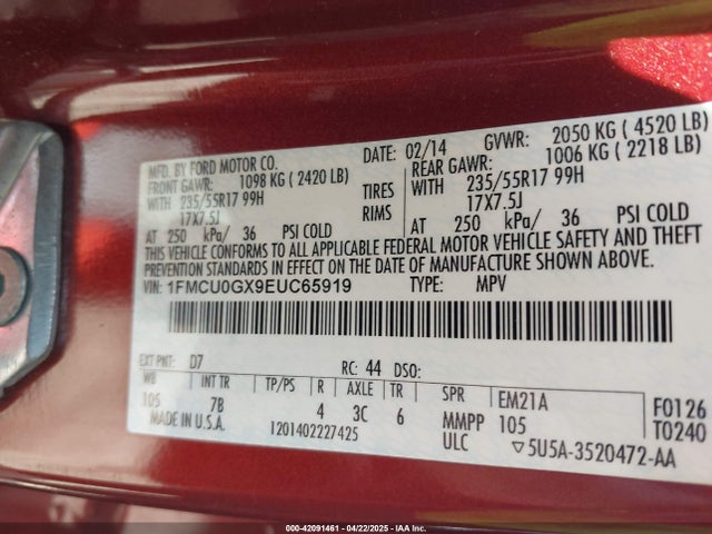 1FMCU0GX9EUC65919 Ford ESCAPE SE
