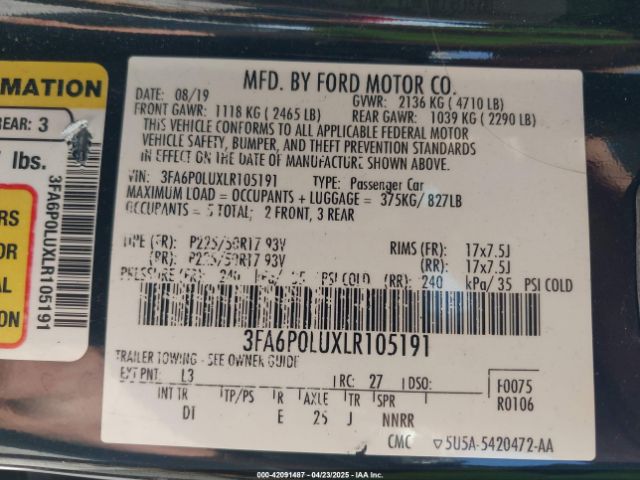 3FA6P0LUXLR105191 Ford Fusion Hybrid Se