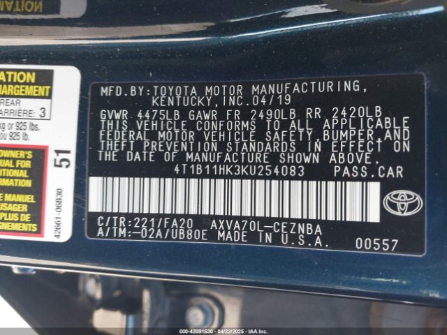 4T1B11HK3KU254083 Toyota CAMRY LE
