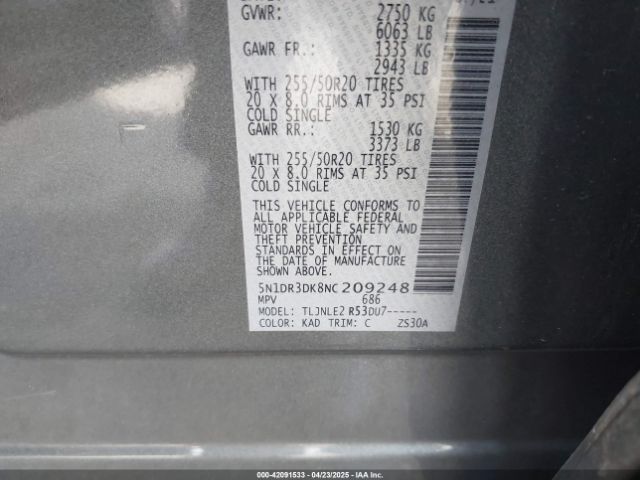 5N1DR3DK8NC209248 Nissan Pathfinder Platinum 4wd