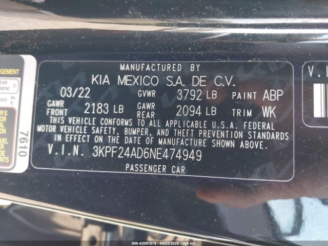 3KPF24AD6NE474949 KIA Forte Lxs