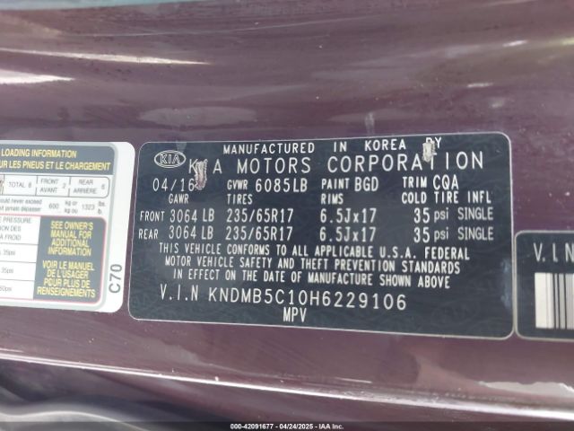 KNDMB5C10H6229106 KIA SEDONA LX