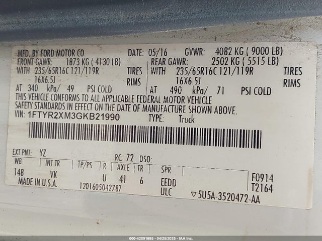 42091685 :رقم المزاد ، 1FTYR2XM3GKB21990 vin ، 2016 Ford Transit-250 مزاد بيع