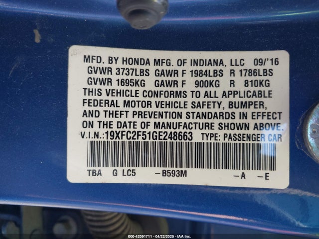 Honda Civic Lx 2016 19XFC2F51GE248663 Image 9