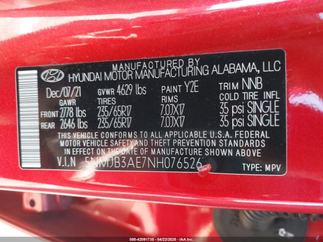 5NMJB3AE7NH076526 Hyundai TUCSON SEL