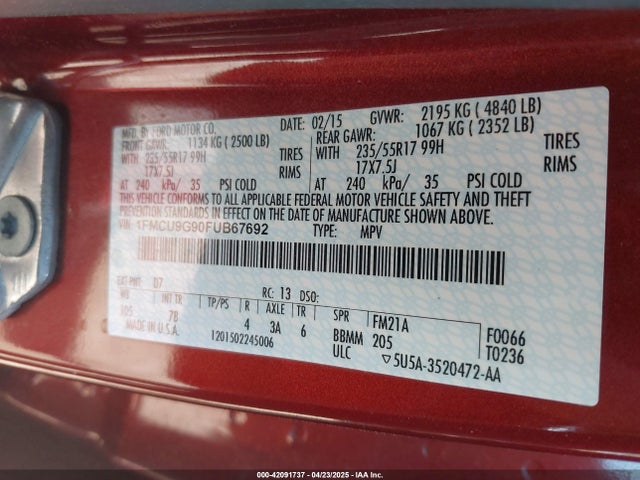 Ford ESCAPE SE 2015 1FMCU9G90FUB67692 Image 9